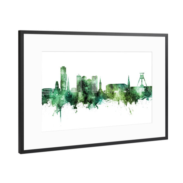 Poster mit Rahmen Schwarz (Metallic) "Bochum Germany Skyline Green" artboxONE - Städte