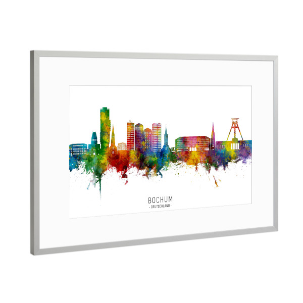 Poster mit Rahmen Silber "Bochum Germany Skyline txt" artboxONE - Städte
