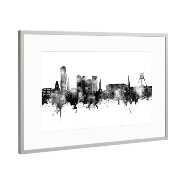 Poster mit Rahmen Silber "Bochum Germany Skyline Black" artboxONE - Städte