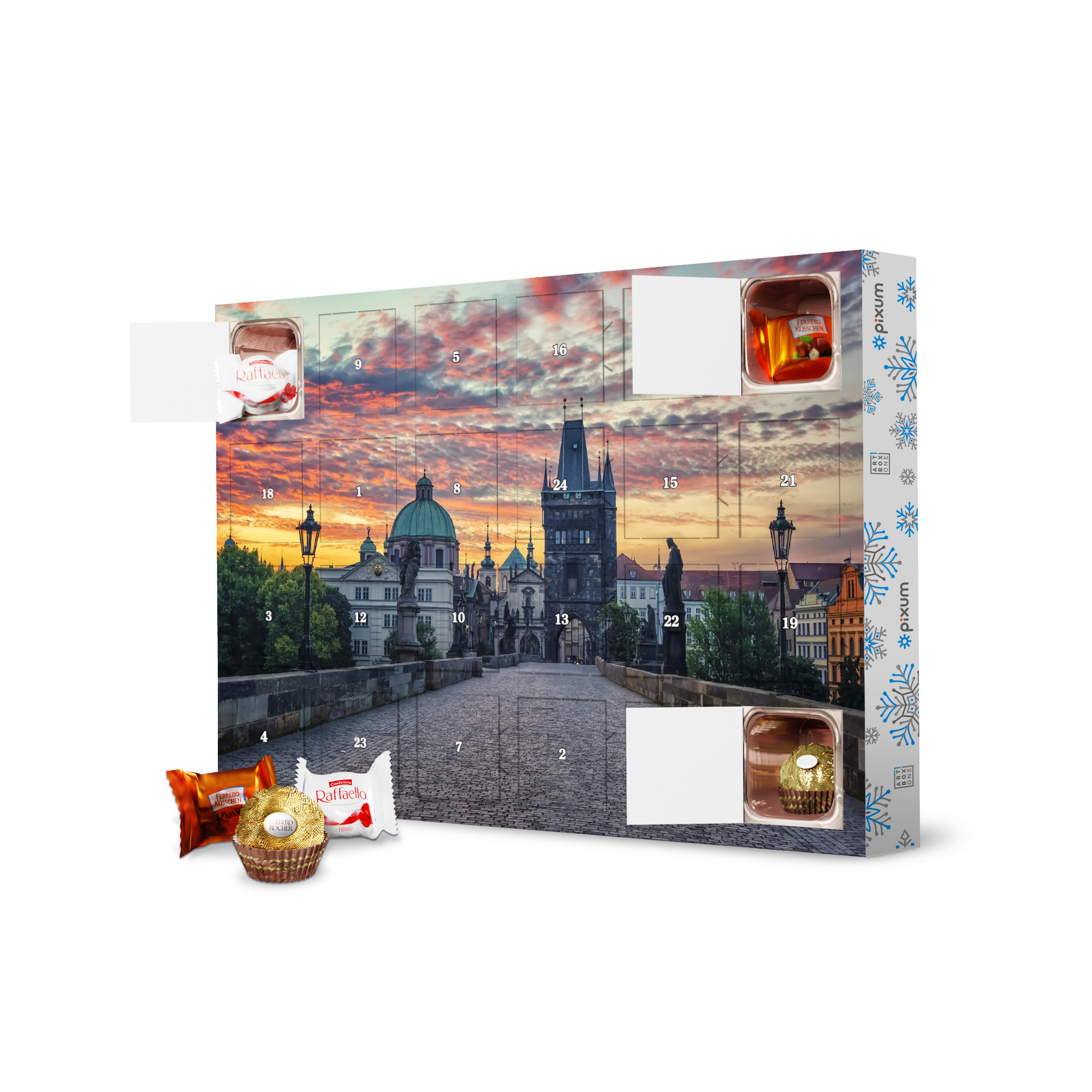 Adventskalender mit Ferrero Pralinen Charles Bridge sunrise artboxONE Adventskalender Städte