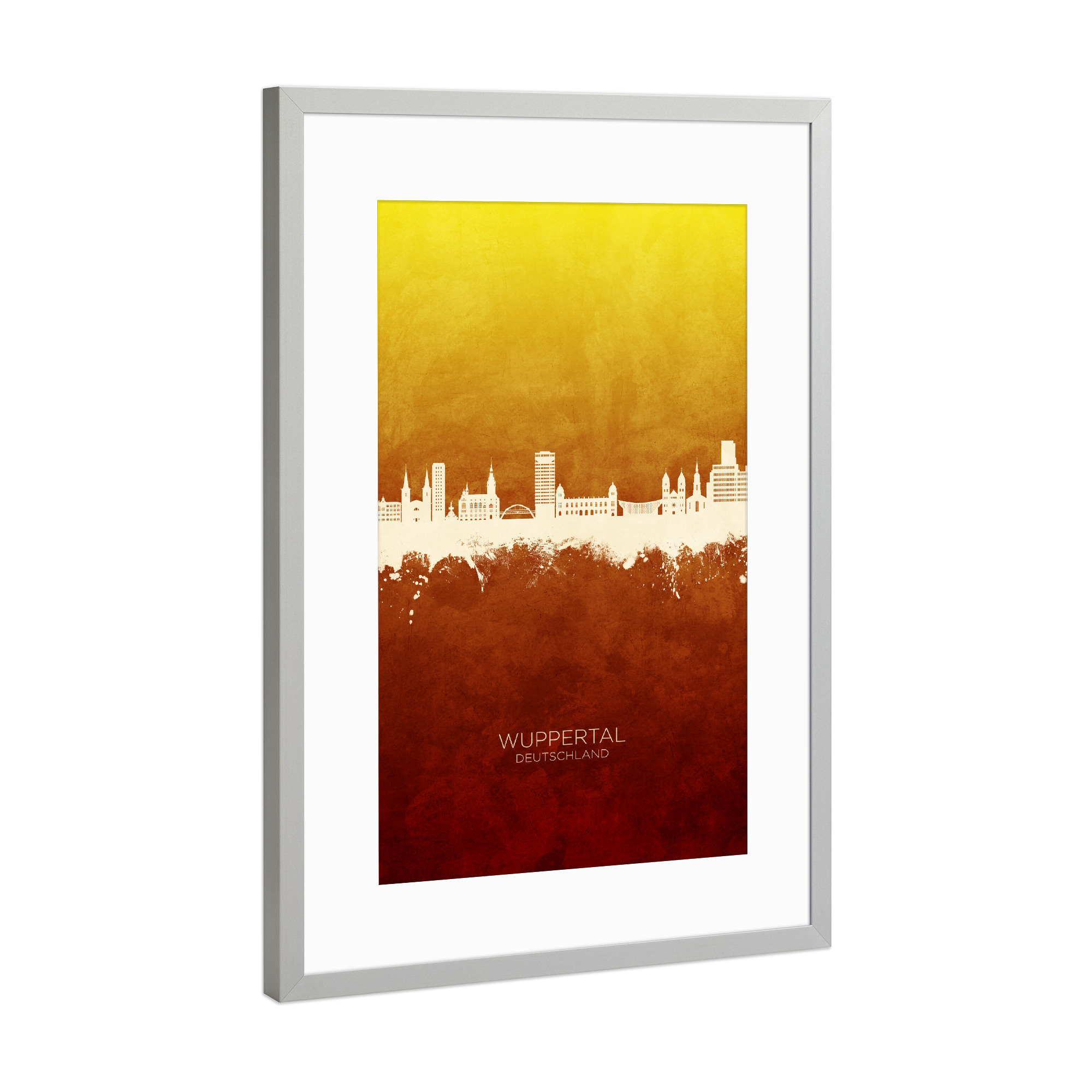 Poster mit Rahmen Silber "Wuppertal Skyline RedYellow" artboxONE - Städte - Wuppertal,Deutschland,Skyline,Cityscape,Stadtbild,Watercolor,Painting