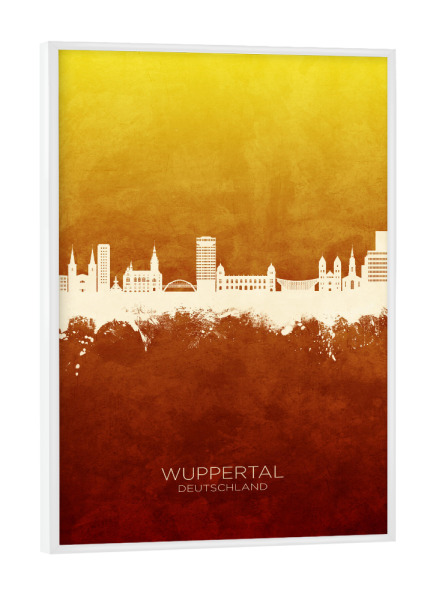Poster mit weißem Rahmen "Wuppertal Skyline RedYellow" artboxONE - Städte - Wuppertal,Deutschland,Skyline,Cityscape,Stadtbild,Watercolor,Painting