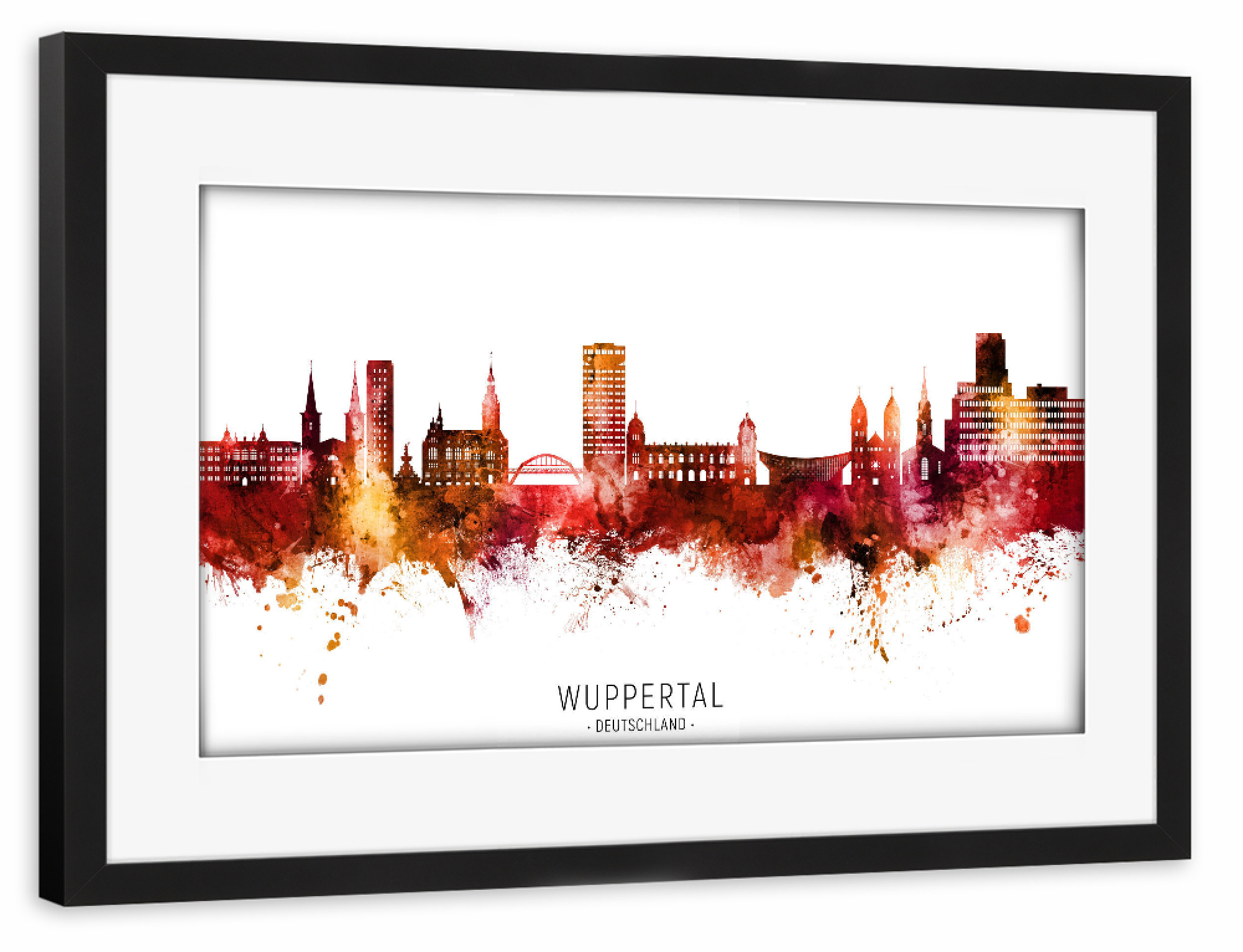 Poster mit Rahmen schwarz "Wuppertal Skyline Red Name" artboxONE - Städte - Wuppertal,Deutschland,Skyline,Cityscape,Stadtbild,Watercolor,Painting