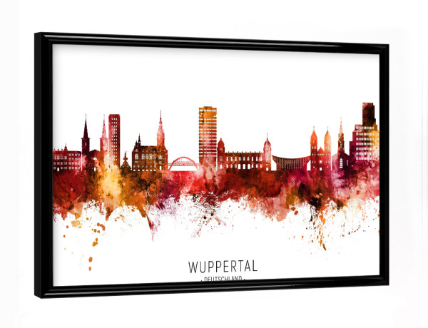 Poster mit schwarzem Rahmen "Wuppertal Skyline Red Name" artboxONE - Städte - Wuppertal,Deutschland,Skyline,Cityscape,Stadtbild,Watercolor,Painting