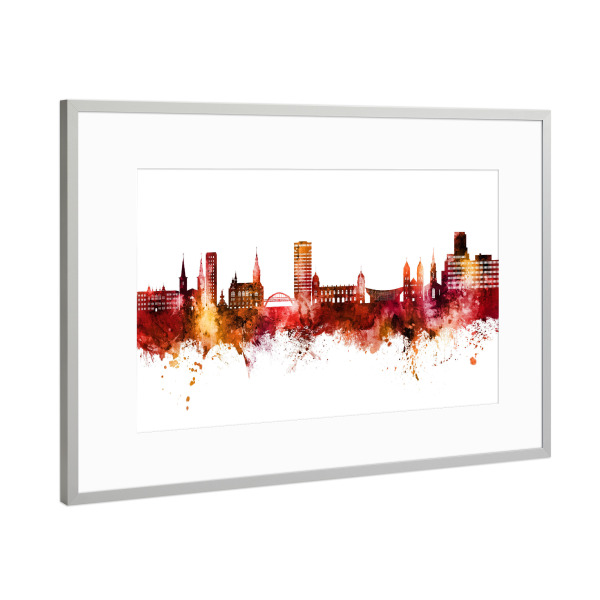 Poster mit Rahmen Silber "Wuppertal Germany Skyline Red" artboxONE - Städte - Wuppertal,Deutschland,Skyline,Cityscape,Stadtbild,Watercolor,Painting