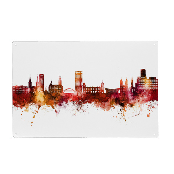 Metall Poster "Wuppertal Germany Skyline Red" artboxONE - Städte - Wuppertal,Deutschland,Skyline,Cityscape,Stadtbild,Watercolor,Painting