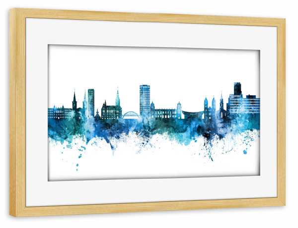 Poster mit Rahmen kiefer "Wuppertal Germany Skyline Blue" artboxONE - Städte - Wuppertal,Deutschland,Skyline,Cityscape,Stadtbild,Watercolor,Painting