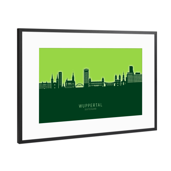 Poster mit Rahmen Schwarz (Metallic) "Wuppertal Skyline Glow Green" artboxONE - Städte