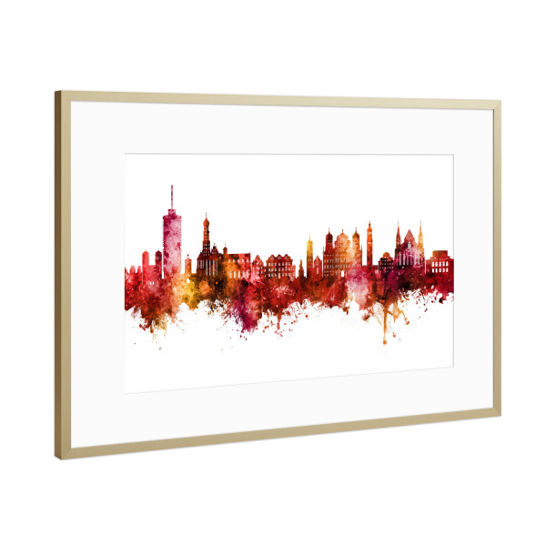 Poster mit Rahmen Gold "Augsburg Germany Skyline Red" artboxONE - Städte