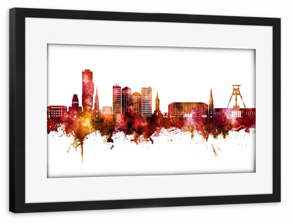 Poster mit Rahmen schwarz "Bochum Germany Skyline Red" artboxONE - Städte