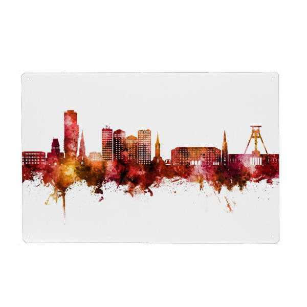 Metall Poster "Bochum Germany Skyline Red" artboxONE - Städte - Bochum,Deutschland,Skyline,Cityscape,Stadtbild,Watercolor,Painting,Germany,City,Stadt