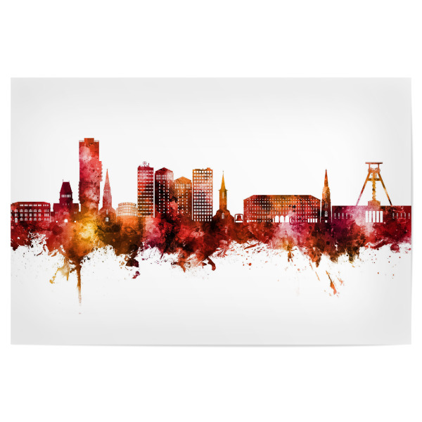 Poster "Bochum Germany Skyline Red" artboxONE - Städte - Bochum,Deutschland,Skyline,Cityscape,Stadtbild,Watercolor,Painting,Germany,City,Stadt