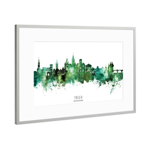 Poster mit Rahmen Silber "Trier Germany Skyline Green Name" artboxONE - Städte