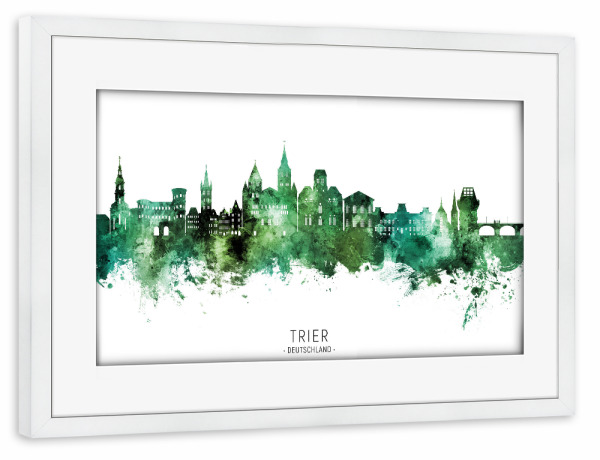 Poster mit Rahmen weiß "Trier Germany Skyline Green Name" artboxONE - Städte