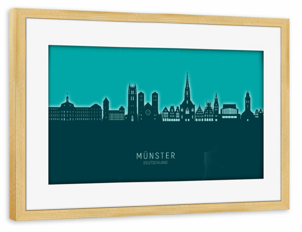 Poster mit Rahmen kiefer "Münster Germany Skyline Glow Teal" artboxONE - Städte