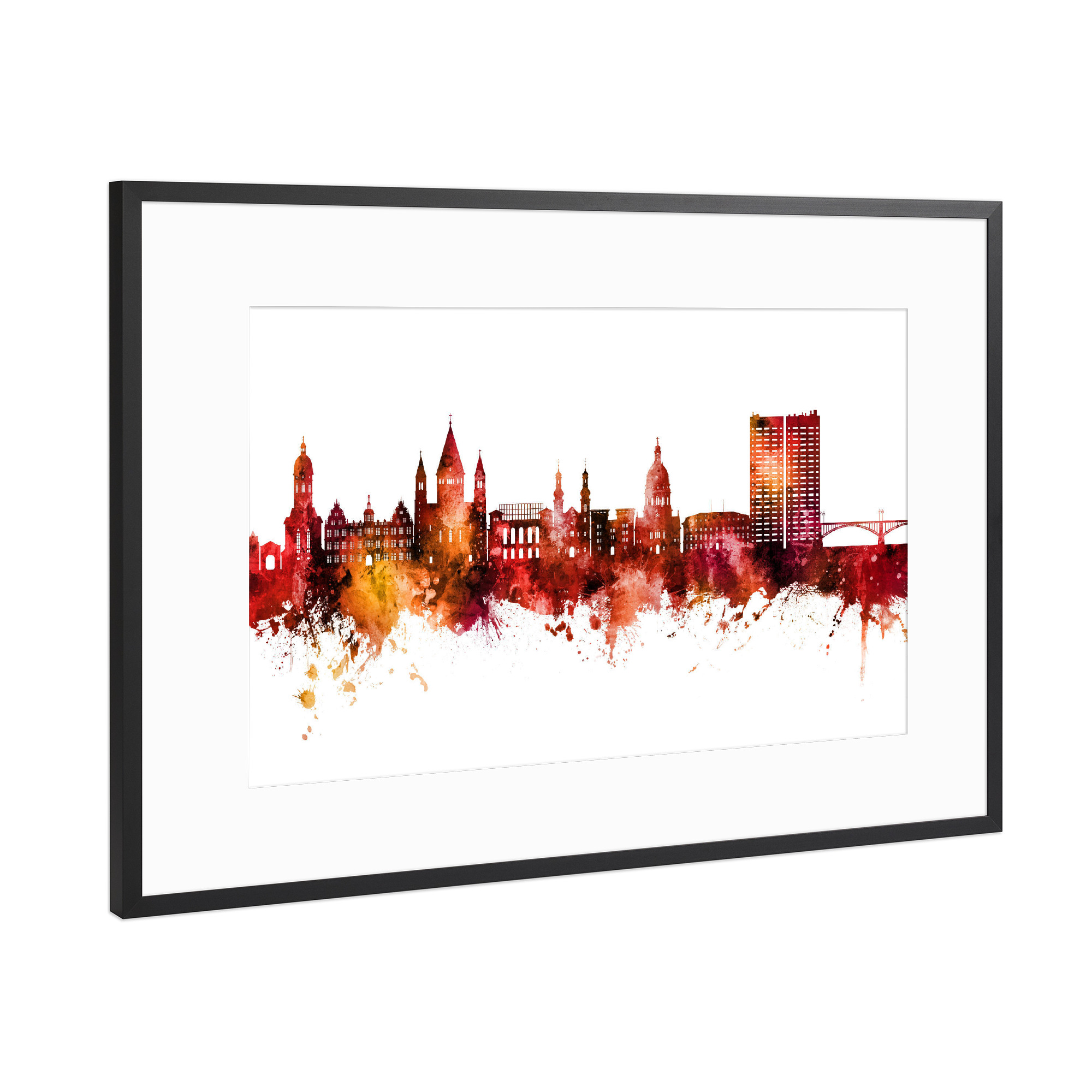 Poster mit Rahmen Schwarz (Metallic) "Mainz Germany Skyline Red" artboxONE - Städte