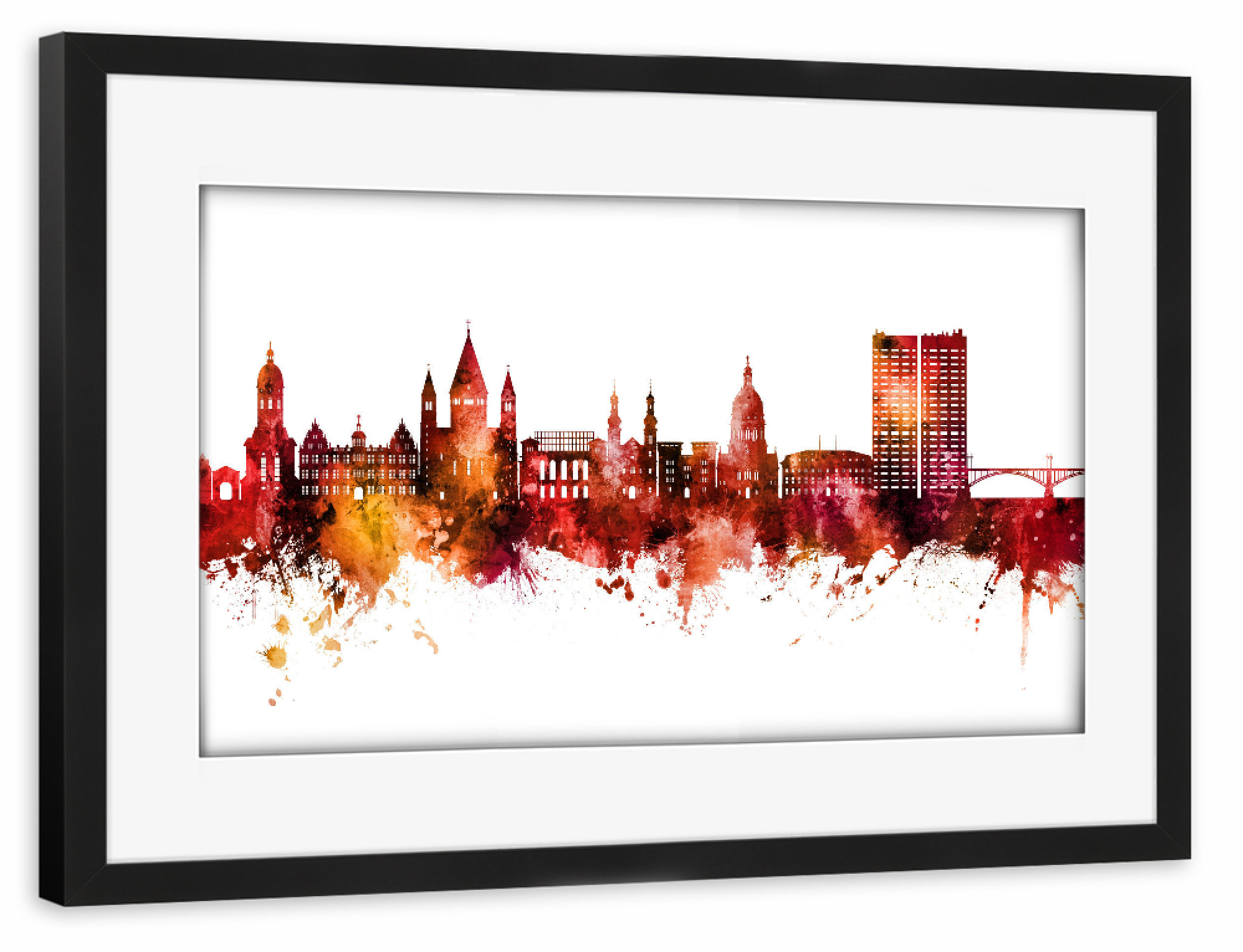 Poster mit Rahmen schwarz "Mainz Germany Skyline Red" artboxONE - Städte