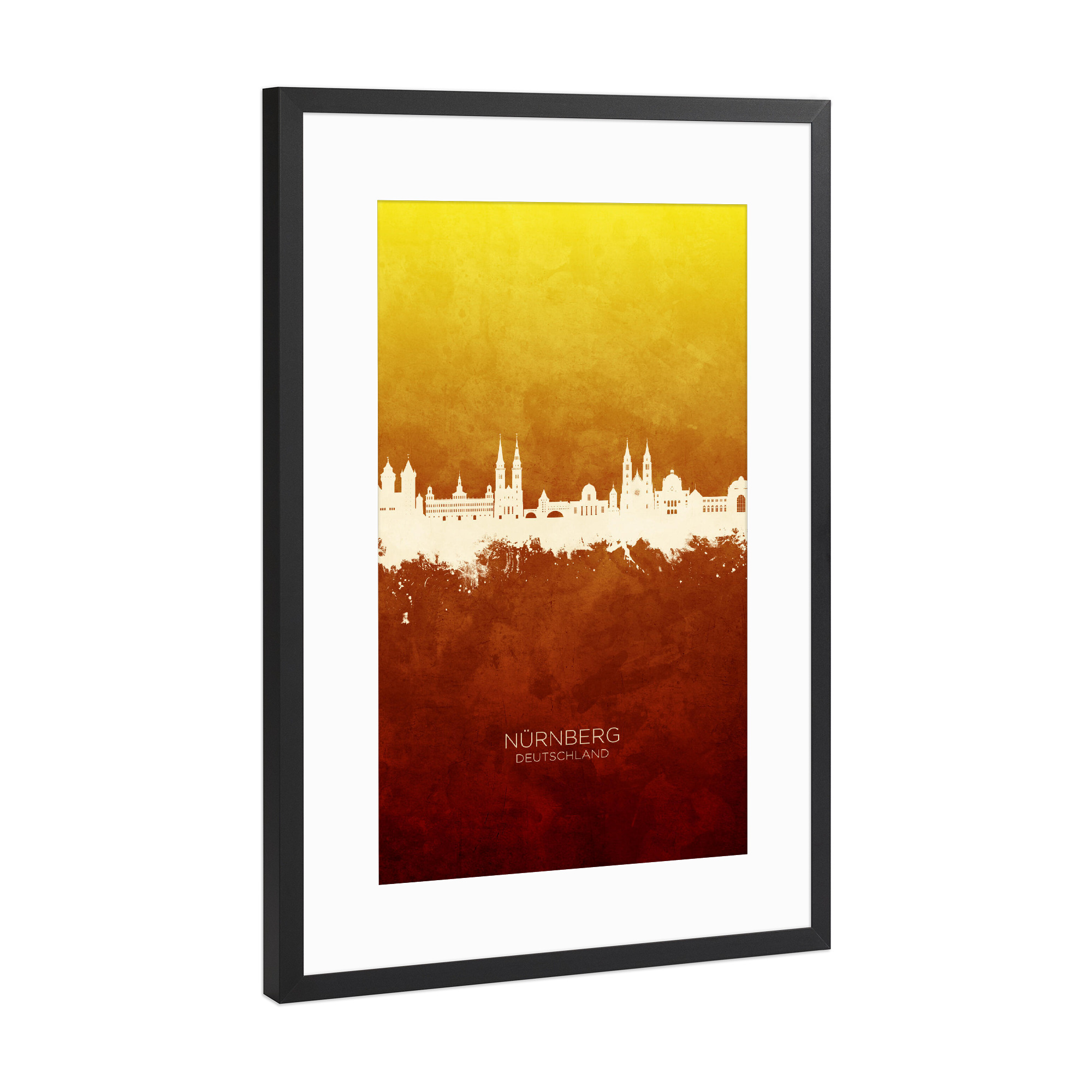 Poster mit Rahmen Schwarz (Metallic) "Nürnberg Skyline RedYellow" artboxONE - Städte