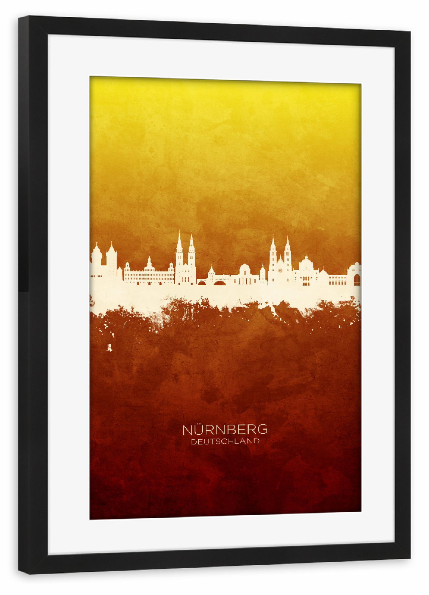 Poster mit Rahmen schwarz "Nürnberg Skyline RedYellow" artboxONE - Städte