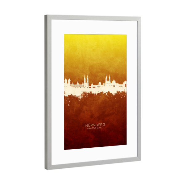 Poster mit Rahmen Silber "Nürnberg Skyline RedYellow" artboxONE - Städte