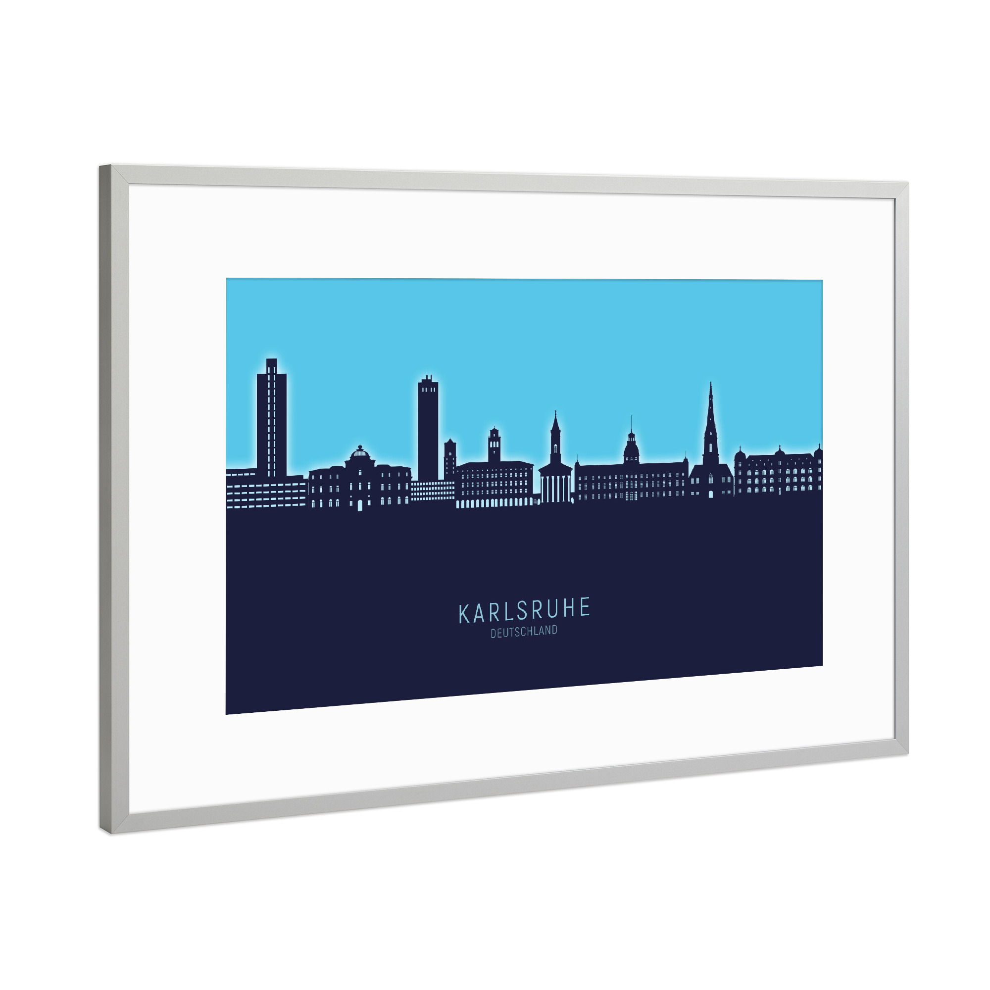 Poster mit Rahmen Silber "Karlsruhe Skyline Glow Blue" artboxONE - Städte