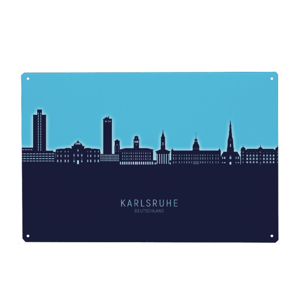 Holzbild "Karlsruhe Skyline Glow Blue" artboxONE - Städte - Karlsruhe,Deutschland,Skyline,Cityscape,Stadtbild,Watercolor,Painting,City,Stadt,Germany