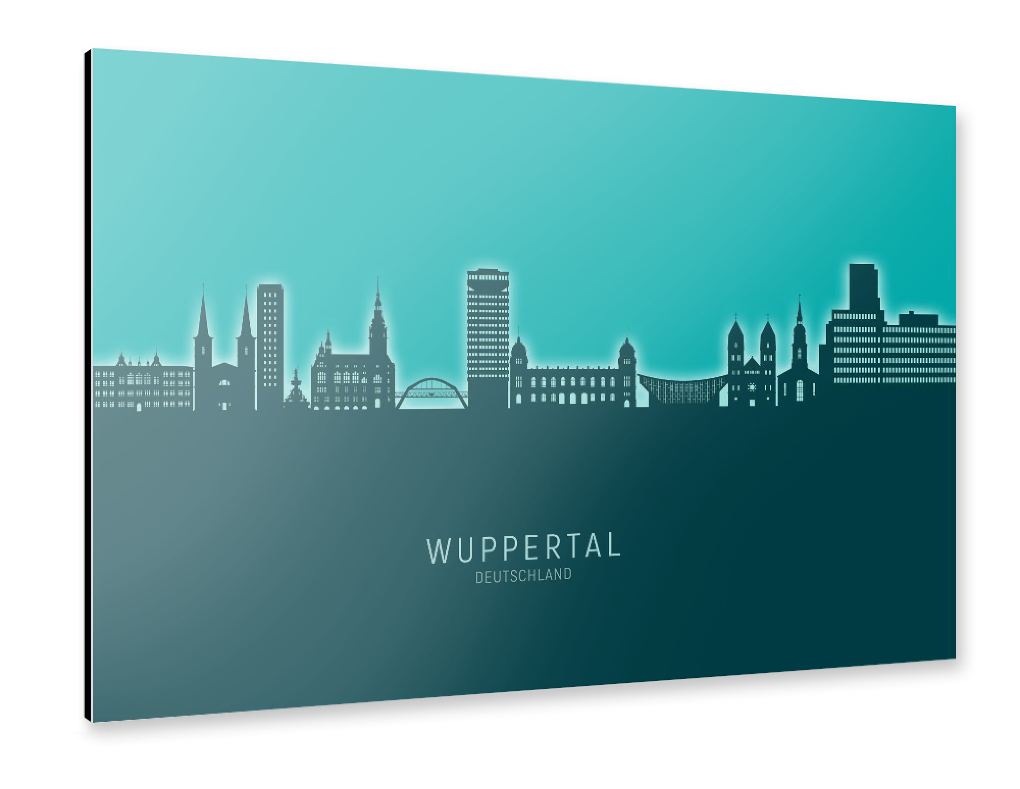 Alu-Dibond "Wuppertal Skyline Glow Teal" 75x50 cm artboxONE