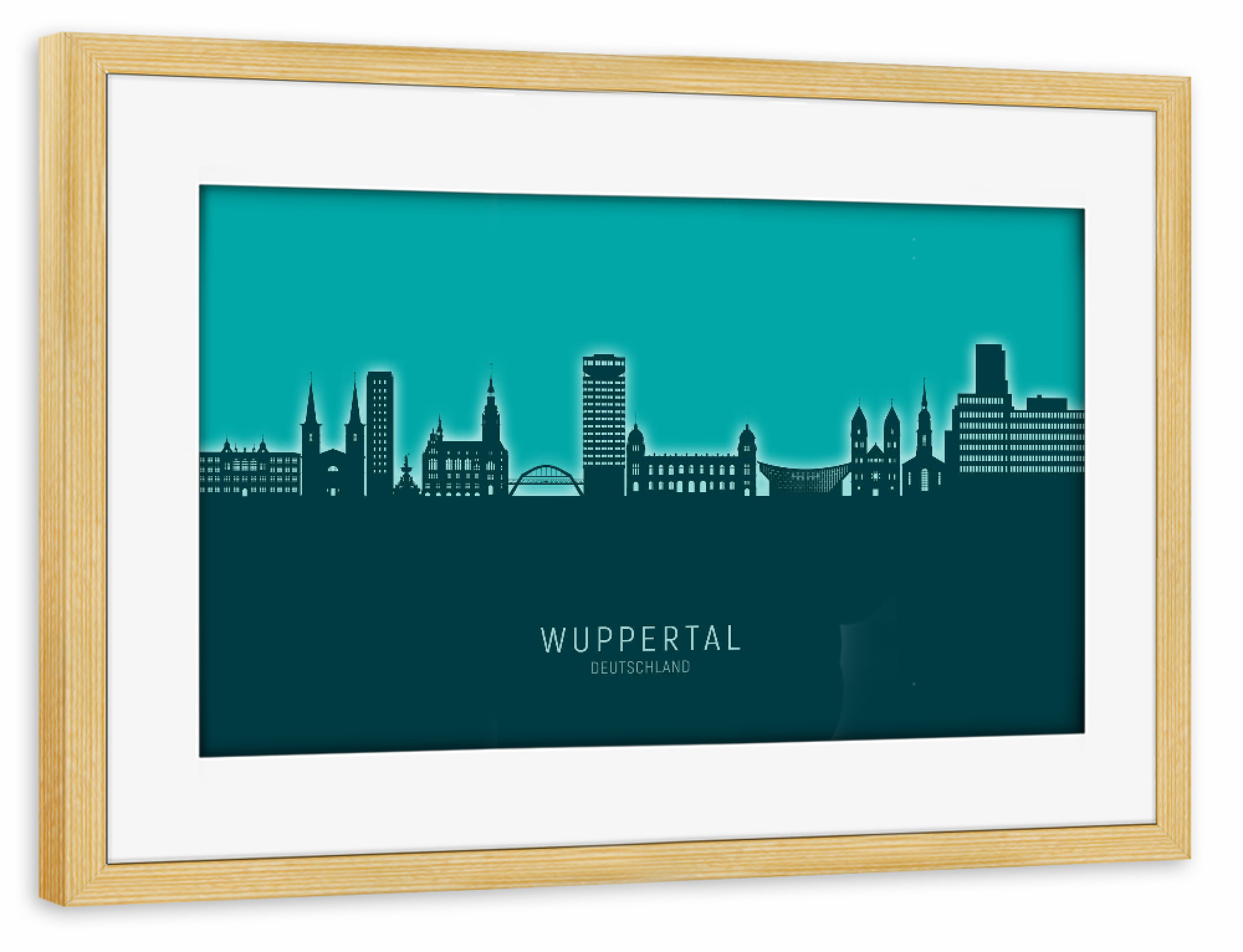 Poster mit Rahmen kiefer "Wuppertal Skyline Glow Teal" artboxONE - Städte