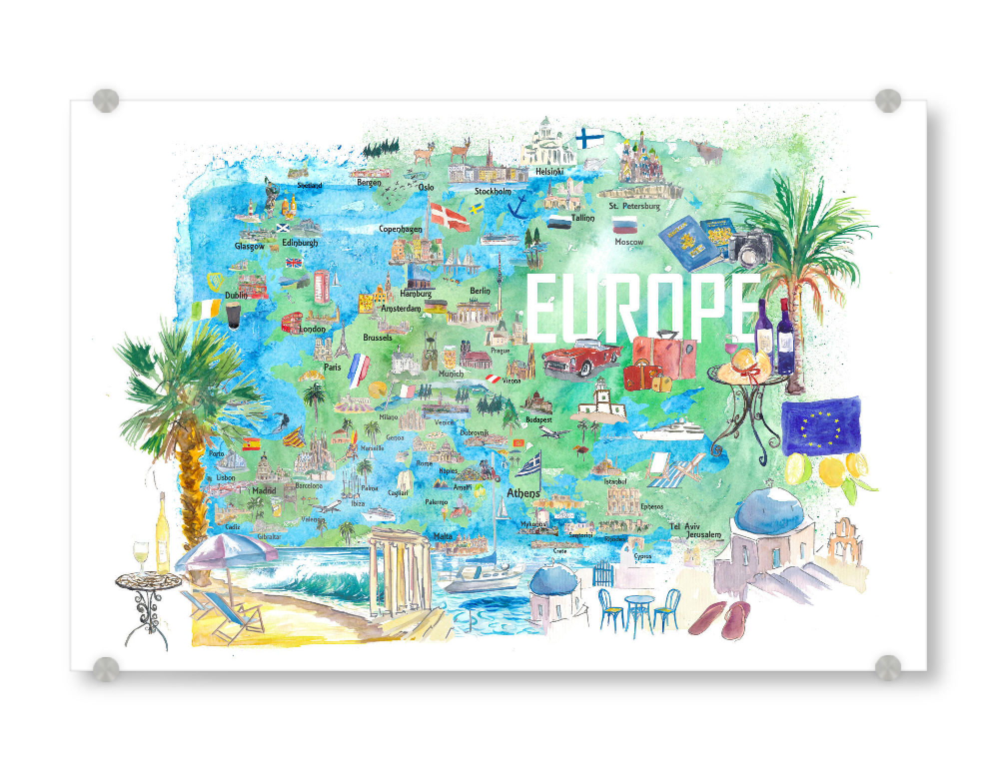 Acrylglasbild "Europe Illustrated Travel Map" artboxONE - Reise,Architektur,Reise / Strand und Meer,Kartografie
