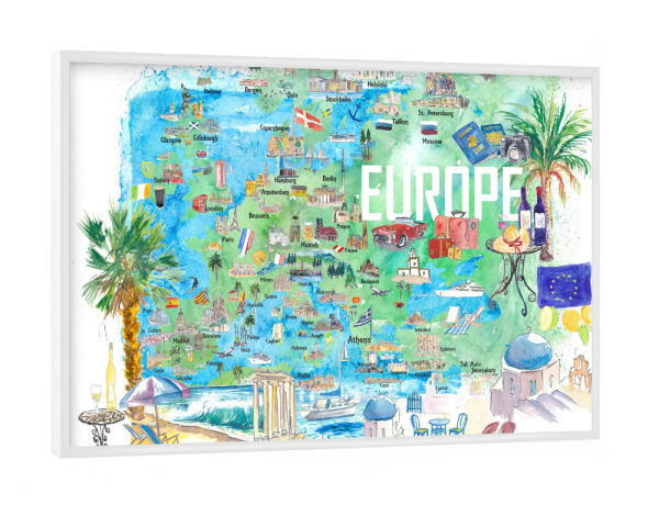 Poster mit weißem Rahmen "Europe Illustrated Travel Map" artboxONE - Reise,Architektur,Reise / Strand und Meer,Kartografie