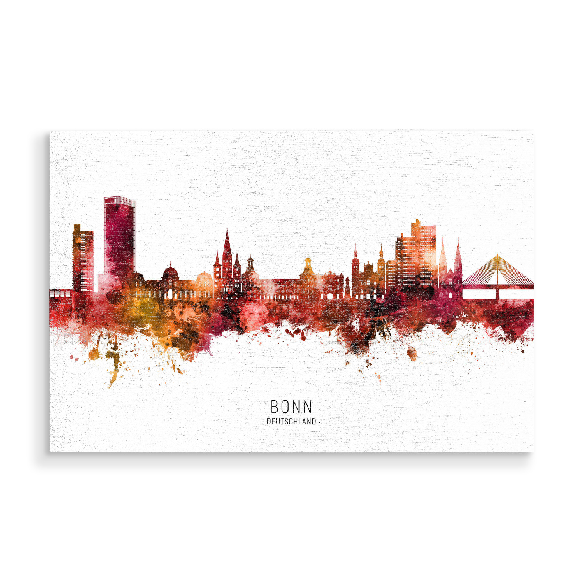 Holzbild "Bonn Germany Skyline Red Name" artboxONE - Städte - Bonn,Deutschland,Skyline,Cityscape,Stadtbild,Watercolor,Painting,City,Stadt,Germany