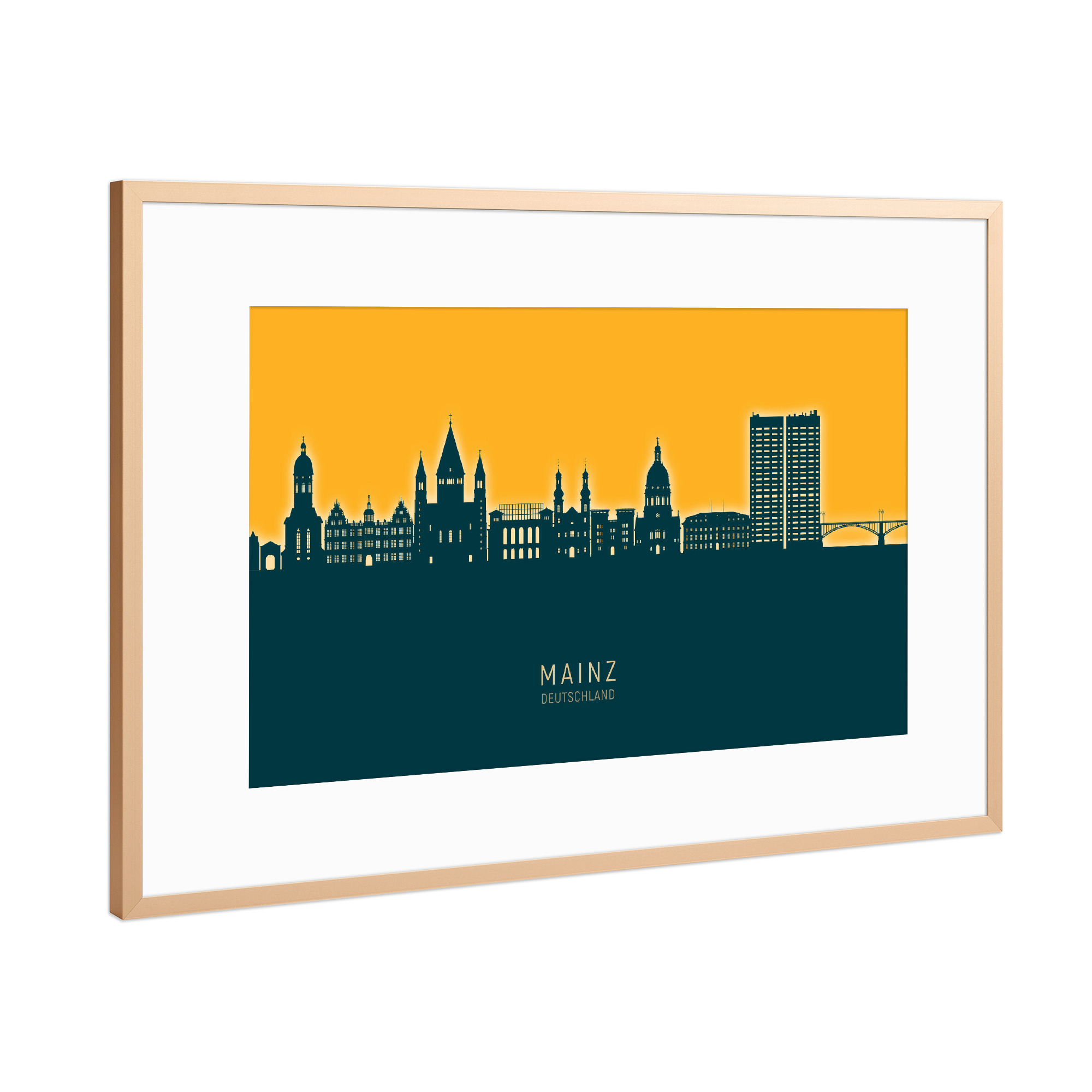 Poster mit Rahmen Kupfer "Mainz Germany Skyline Citrus" artboxONE - Städte