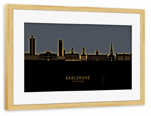 Poster mit Rahmen kiefer "Karlsruhe Skyline Glow Orange" artboxONE - Städte
