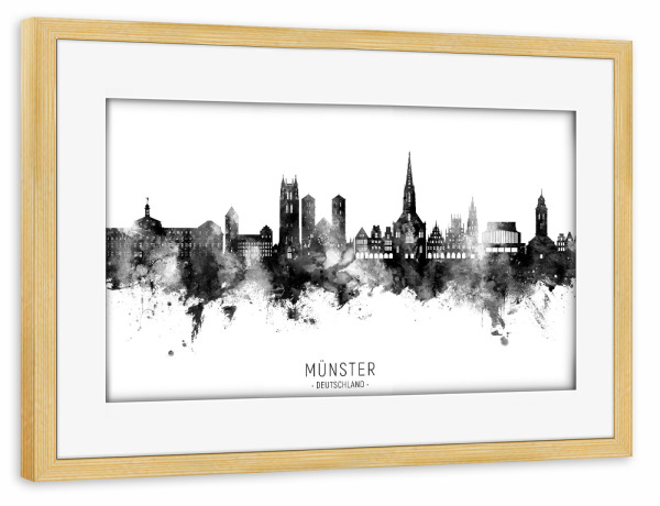 Poster mit Rahmen kiefer "Münster Germany Skyline BW Text" artboxONE - Städte