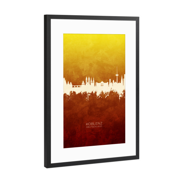 Poster mit Rahmen Schwarz (Metallic) "Koblenz Germany Skyline RedYellow" artboxONE - Städte