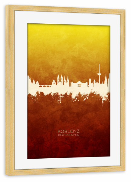 Poster mit Rahmen kiefer "Koblenz Germany Skyline RedYellow" artboxONE - Städte