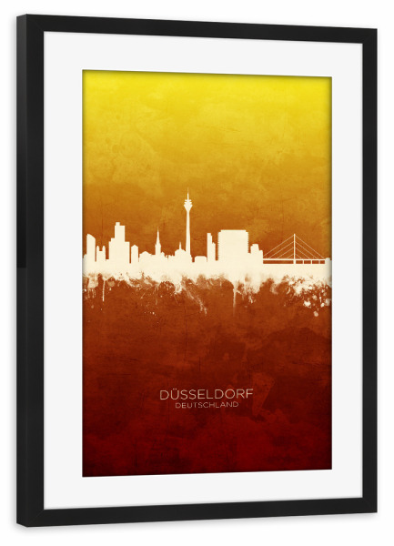 Poster mit Rahmen schwarz "Düsseldorf Skyline RedYellow" artboxONE - Städte,Städte / Düsseldorf
