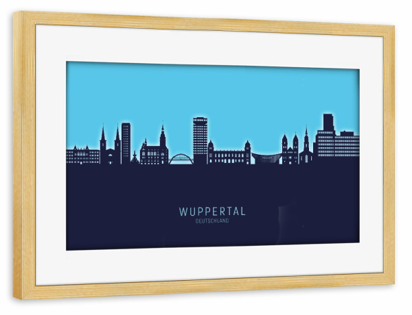 Poster mit Rahmen kiefer "Wuppertal Skyline Glow Blue" artboxONE - Städte