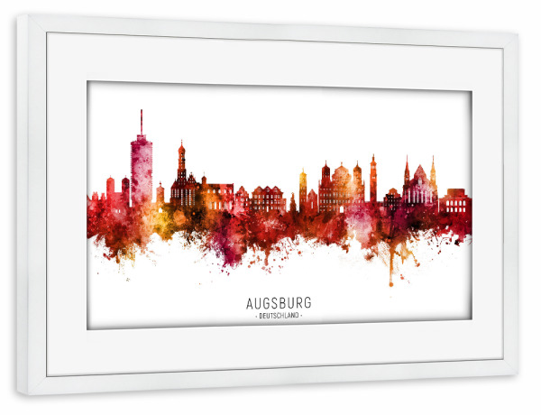 Poster mit Rahmen weiß "Augsburg Germany Skyline Red Name" artboxONE - Städte