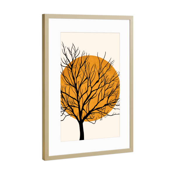 Poster mit Rahmen Gold "Hiding Sun" artboxONE - Natur,Abstrakt - Sonnenuntergang,Gelb,Sonne,Herbst,Sunset,Natur,Nature,Baum,Tree,Autumn
