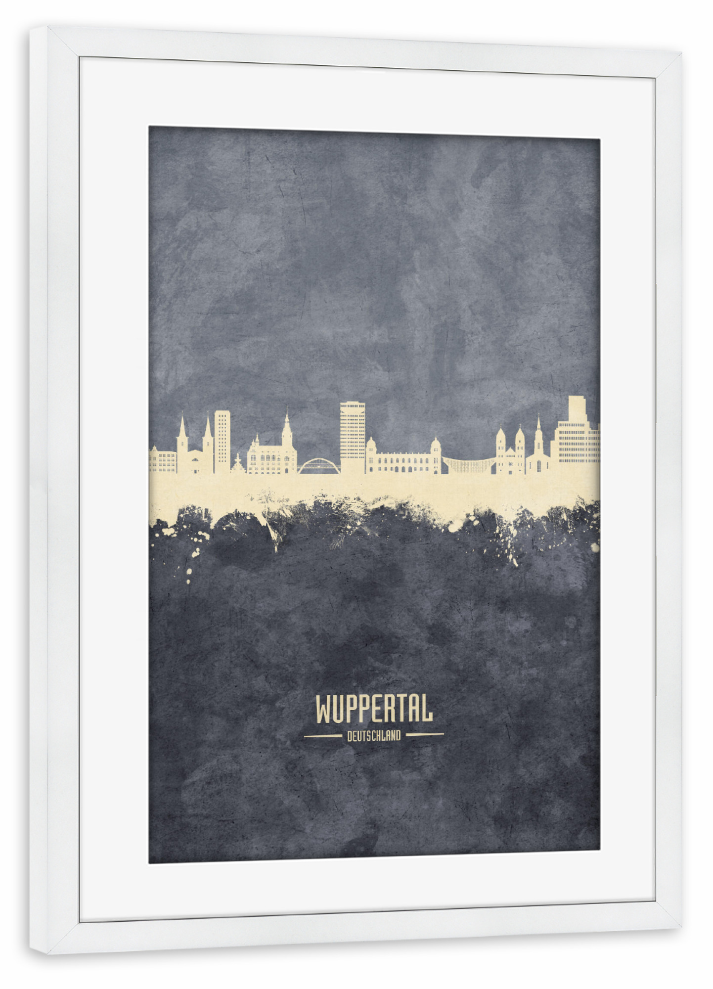 Poster mit Rahmen weiß "Wuppertal Germany Skyline Grey" artboxONE - Städte
