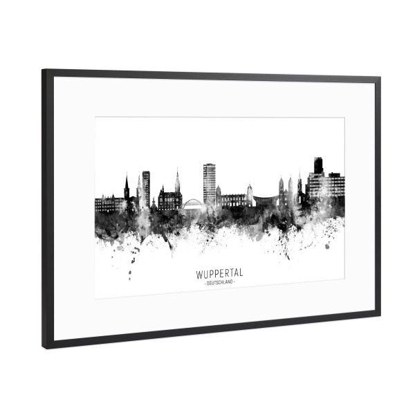 Poster mit Rahmen Schwarz (Metallic) "Wuppertal Germany Skyline BW Text" artboxONE - Städte