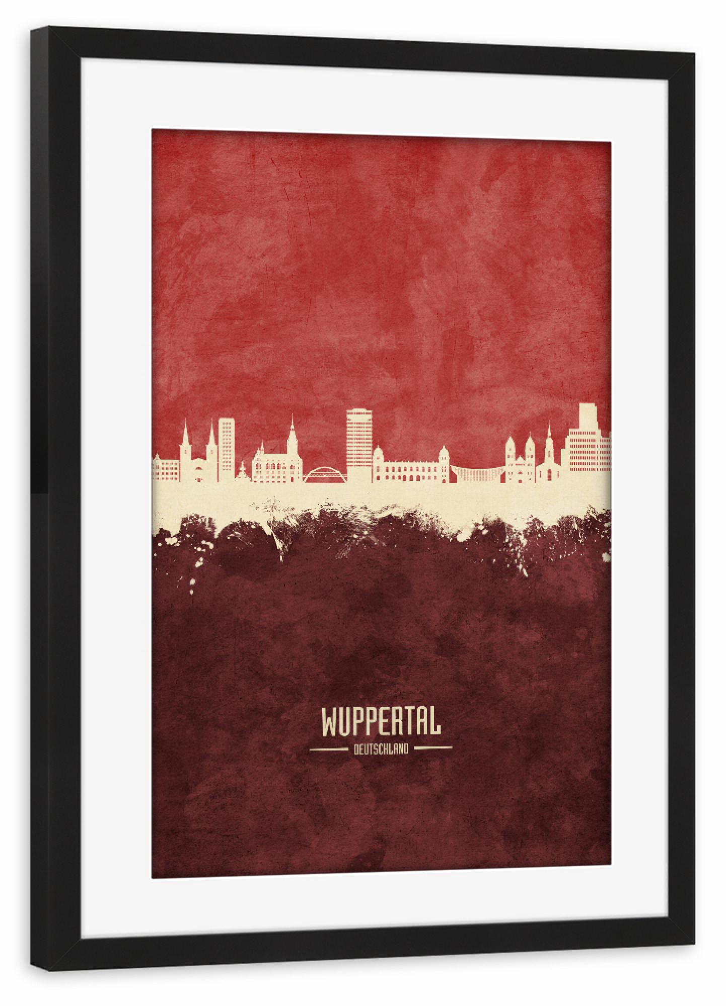 Poster mit Rahmen schwarz "Wuppertal Skyline Dark Red" artboxONE - Städte