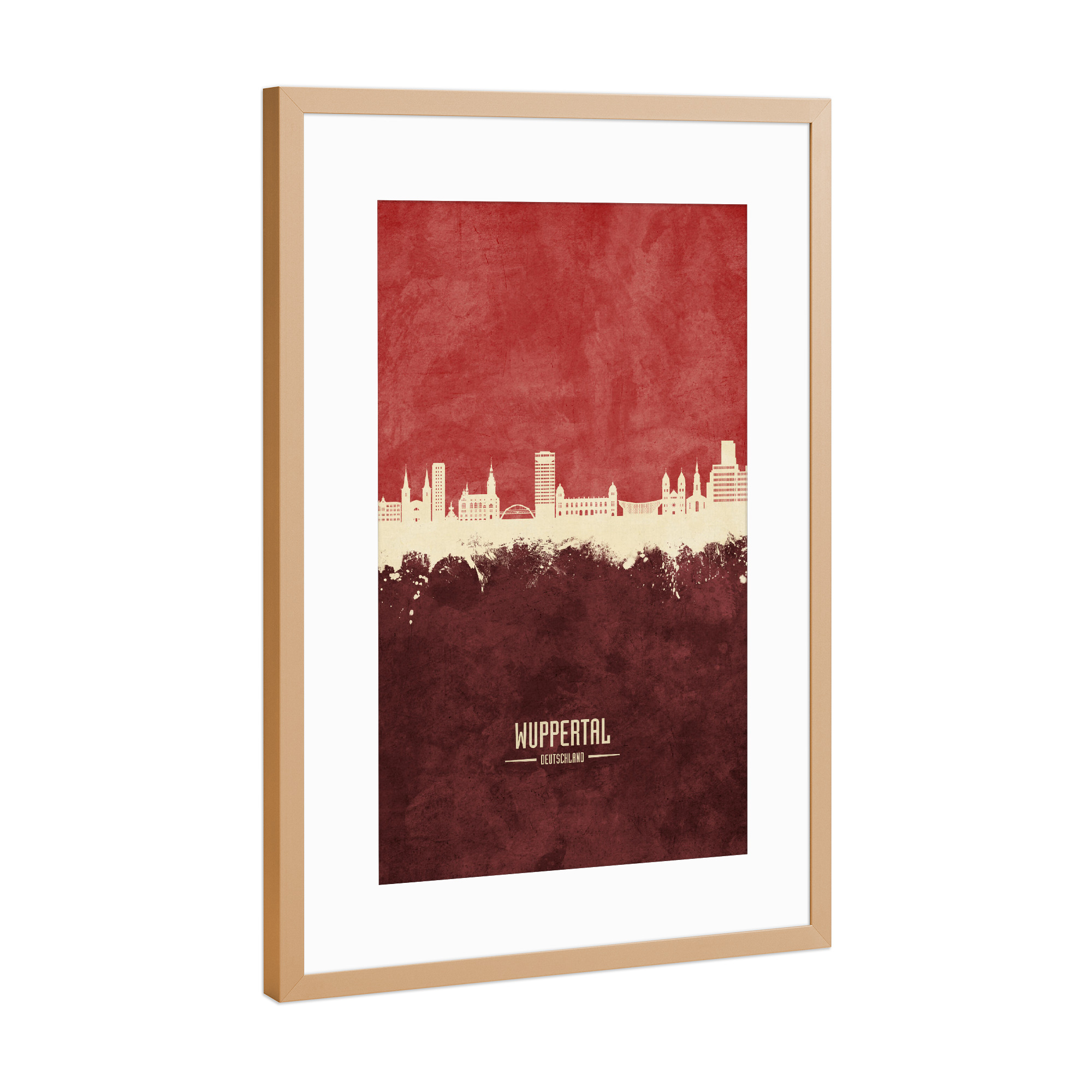Poster mit Rahmen Kupfer "Wuppertal Skyline Dark Red" artboxONE - Städte