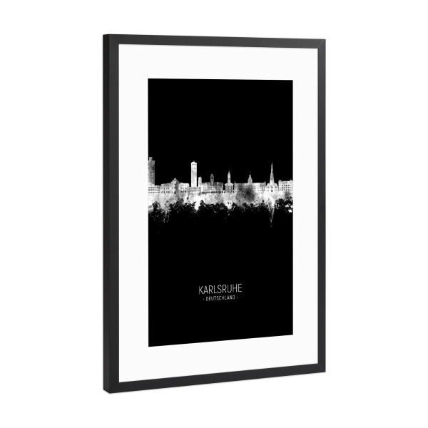 Poster mit Rahmen Schwarz (Metallic) "Karlsruhe Germany Skyline Invert" artboxONE - Städte,Schwarzweiß