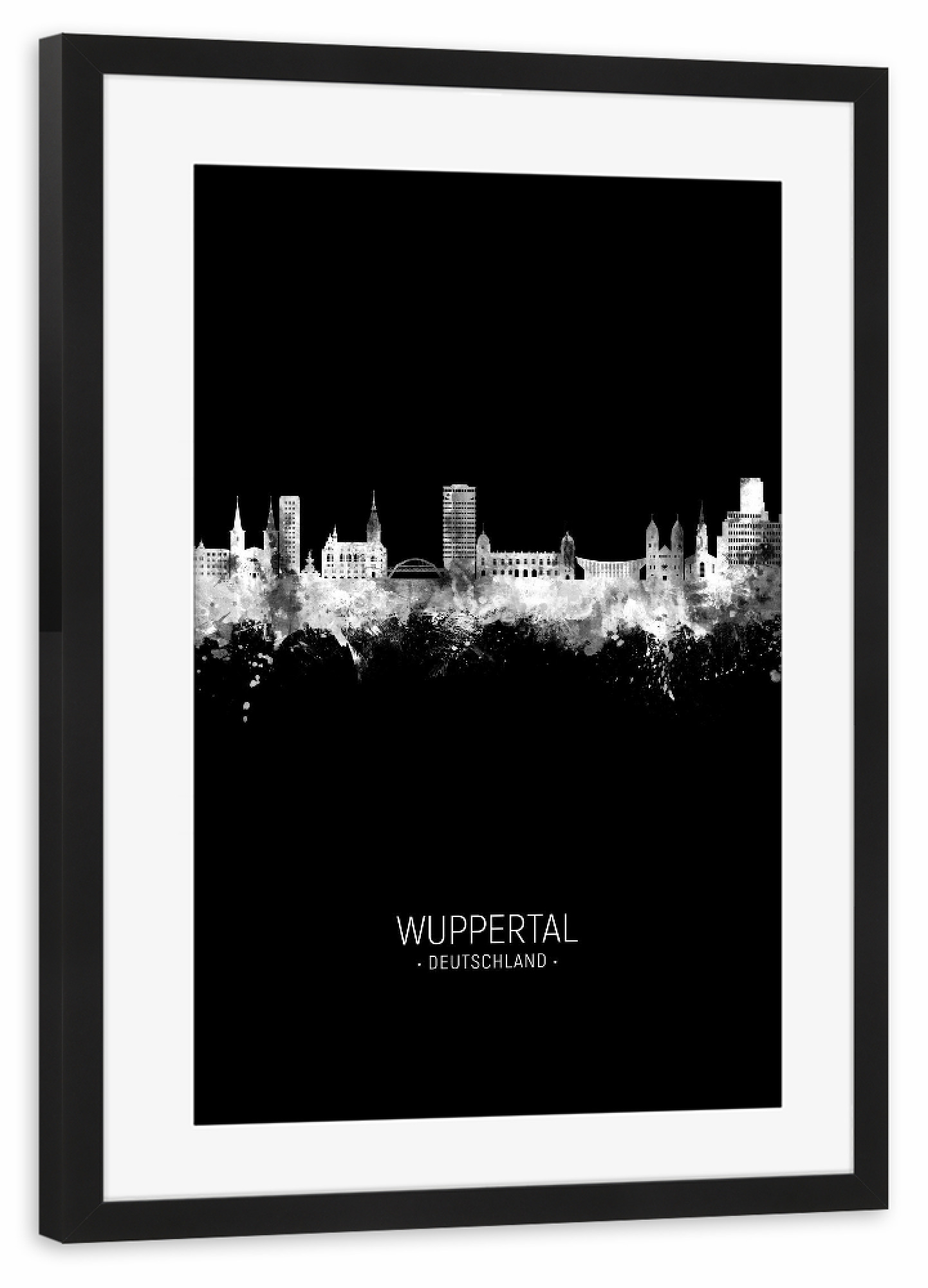 Poster mit Rahmen schwarz "Wuppertal Germany Skyline Invert" artboxONE - Städte,Schwarzweiß