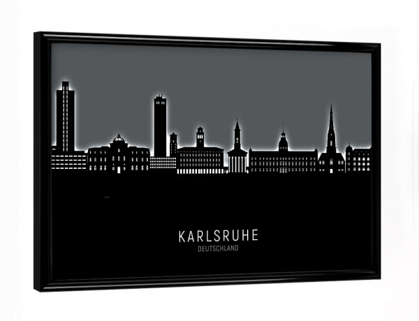 Poster mit schwarzem Rahmen "Karlsruhe Skyline Glow White" artboxONE - Städte,Schwarzweiß