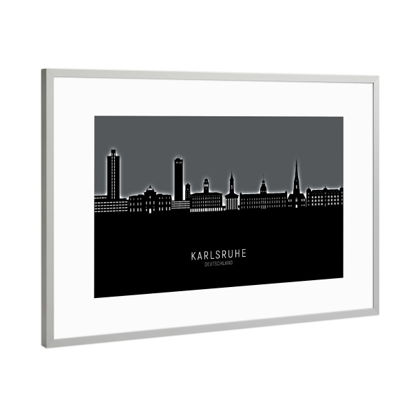 Poster mit Rahmen Silber "Karlsruhe Skyline Glow White" artboxONE - Städte,Schwarzweiß