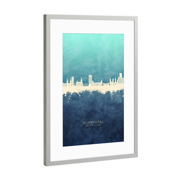 Poster mit Rahmen Silber "Wuppertal Skyline NavyCyan" artboxONE - Städte