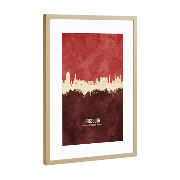 Poster mit Rahmen Gold "Augsburg Germany Skyline Dark Red" artboxONE - Städte